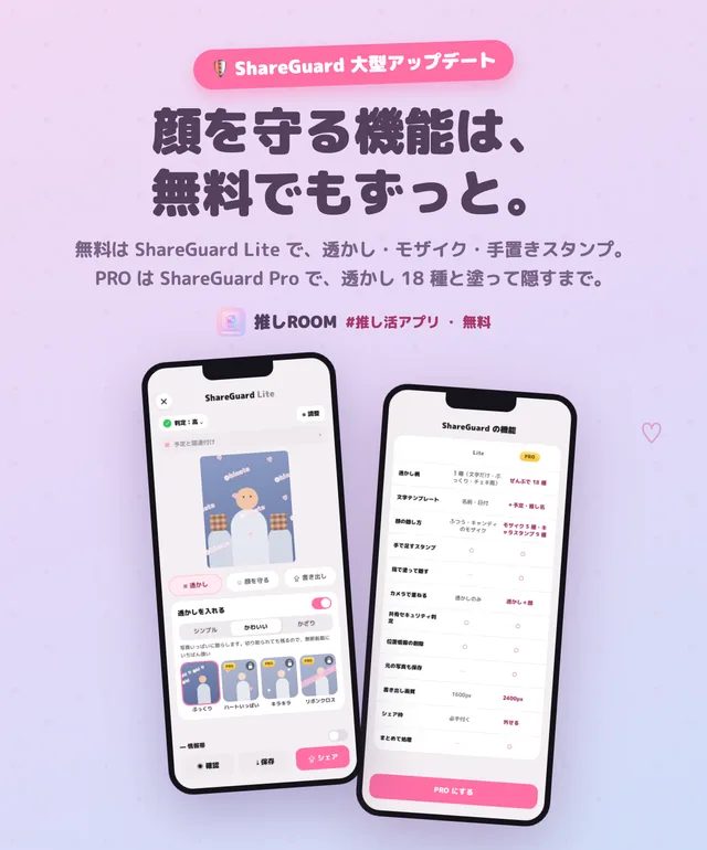 ShareGuard Lite の透かし画面と、Lite と Pro でできることの比較表